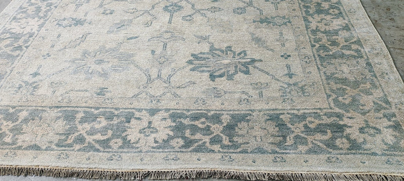 Angeline Guido Ivory and Green Hand-Knotted Oushak Rug 8x9.9 | Banana Manor Rug Company
