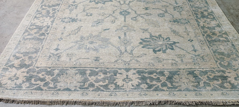 Angeline Guido Ivory and Green Hand-Knotted Oushak Rug 8x9.9 | Banana Manor Rug Company