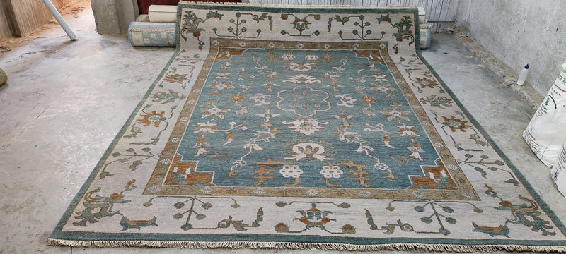 Angourie Rice Hand-Knotted Oushak Rug Blue and Beige 8.3X10 | Banana Manor Rug Company