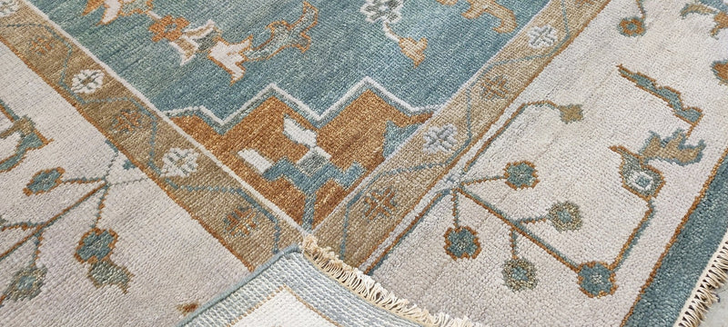 Angourie Rice Hand-Knotted Oushak Rug Blue and Beige 8.3X10 | Banana Manor Rug Company