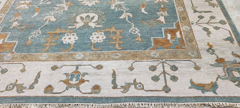 Angourie Rice Hand-Knotted Oushak Rug Blue and Beige 8.3X10 | Banana Manor Rug Company