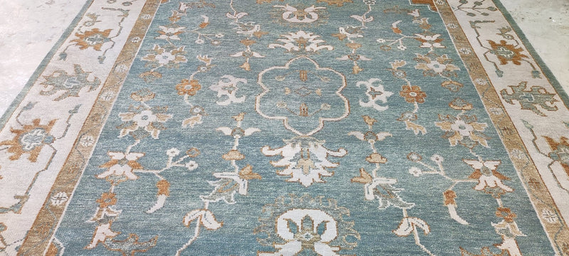 Angourie Rice Hand-Knotted Oushak Rug Blue and Beige 8.3X10 | Banana Manor Rug Company