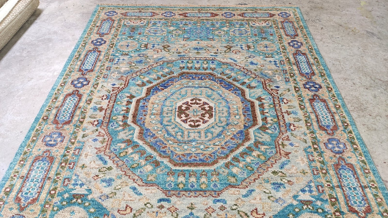 Ariella 6.3x9 Light Blue and Rust Hand-Knotted Oushak Rug | Banana Manor Rug Company