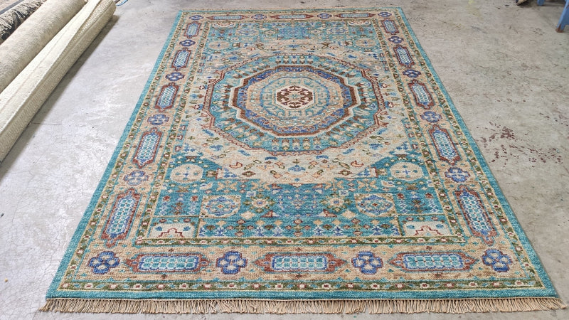 Ariella 6.3x9 Light Blue and Rust Hand-Knotted Oushak Rug | Banana Manor Rug Company