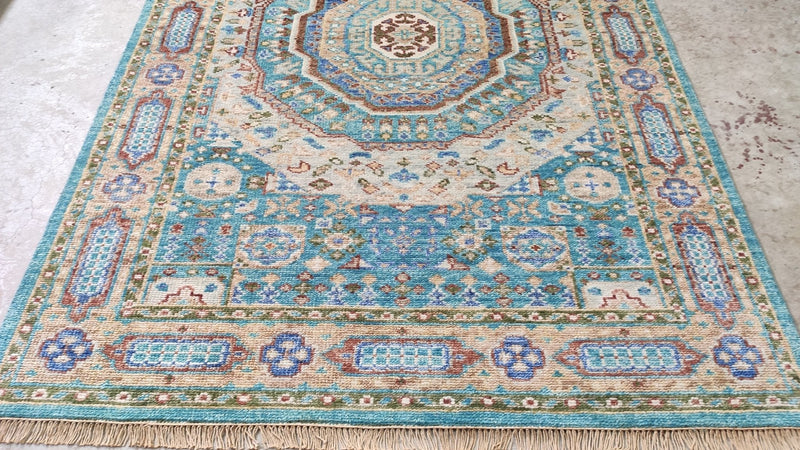 Ariella 6.3x9 Light Blue and Rust Hand-Knotted Oushak Rug | Banana Manor Rug Company