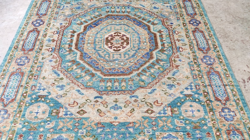 Ariella 6.3x9 Light Blue and Rust Hand-Knotted Oushak Rug | Banana Manor Rug Company