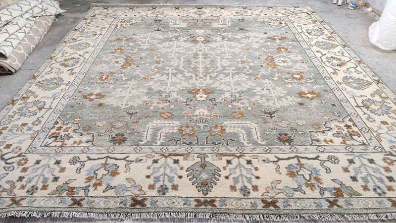 Ashley With a Y 10.6X11.6 Light Blue and Ivory Hand-Knotted Oushak Rug | Banana Manor Rug Company