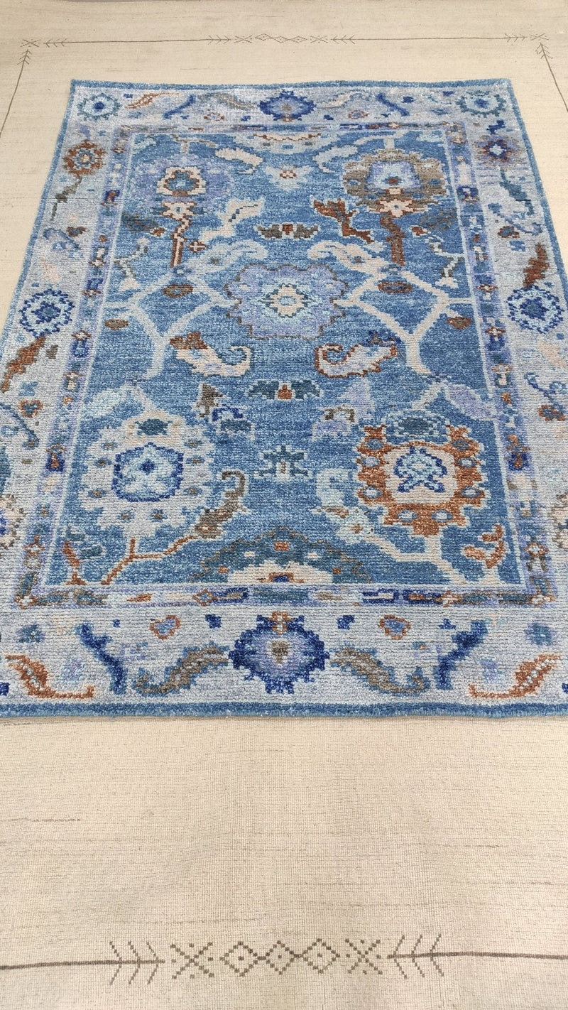 Athena 4x6 Blue Hand-Knotted Bamboo Silk Oushak Rug | Banana Manor Rug Company