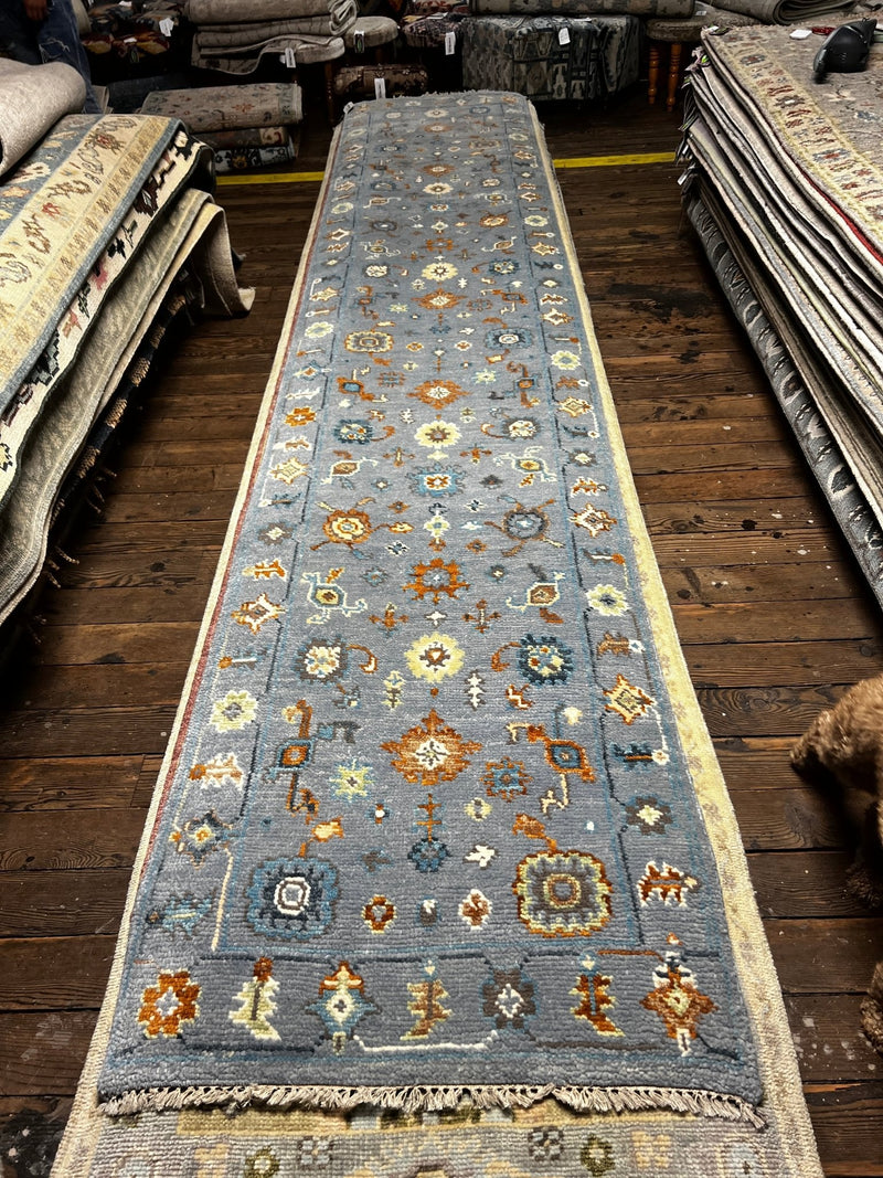 Audrey Tautou 2.6x13 Light Blue Hand-Knotted Oushak Runner | Banana Manor Rug Factory Outlet