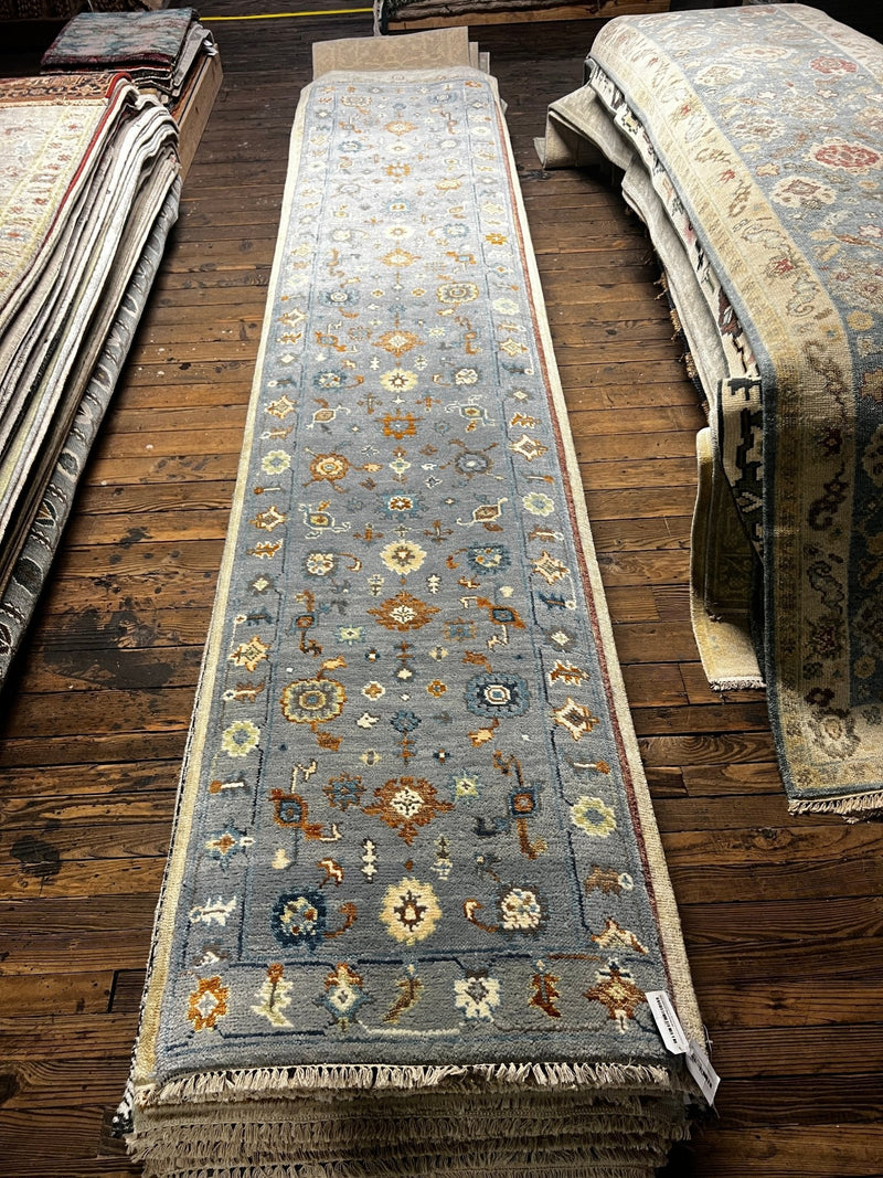 Audrey Tautou 2.6x13 Light Blue Hand-Knotted Oushak Runner | Banana Manor Rug Factory Outlet