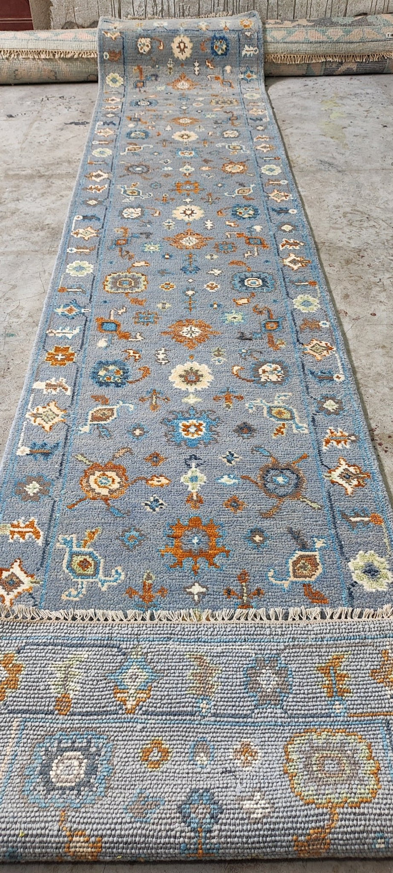 Audrey Tautou 2.6x13 Light Blue Hand-Knotted Oushak Runner | Banana Manor Rug Company