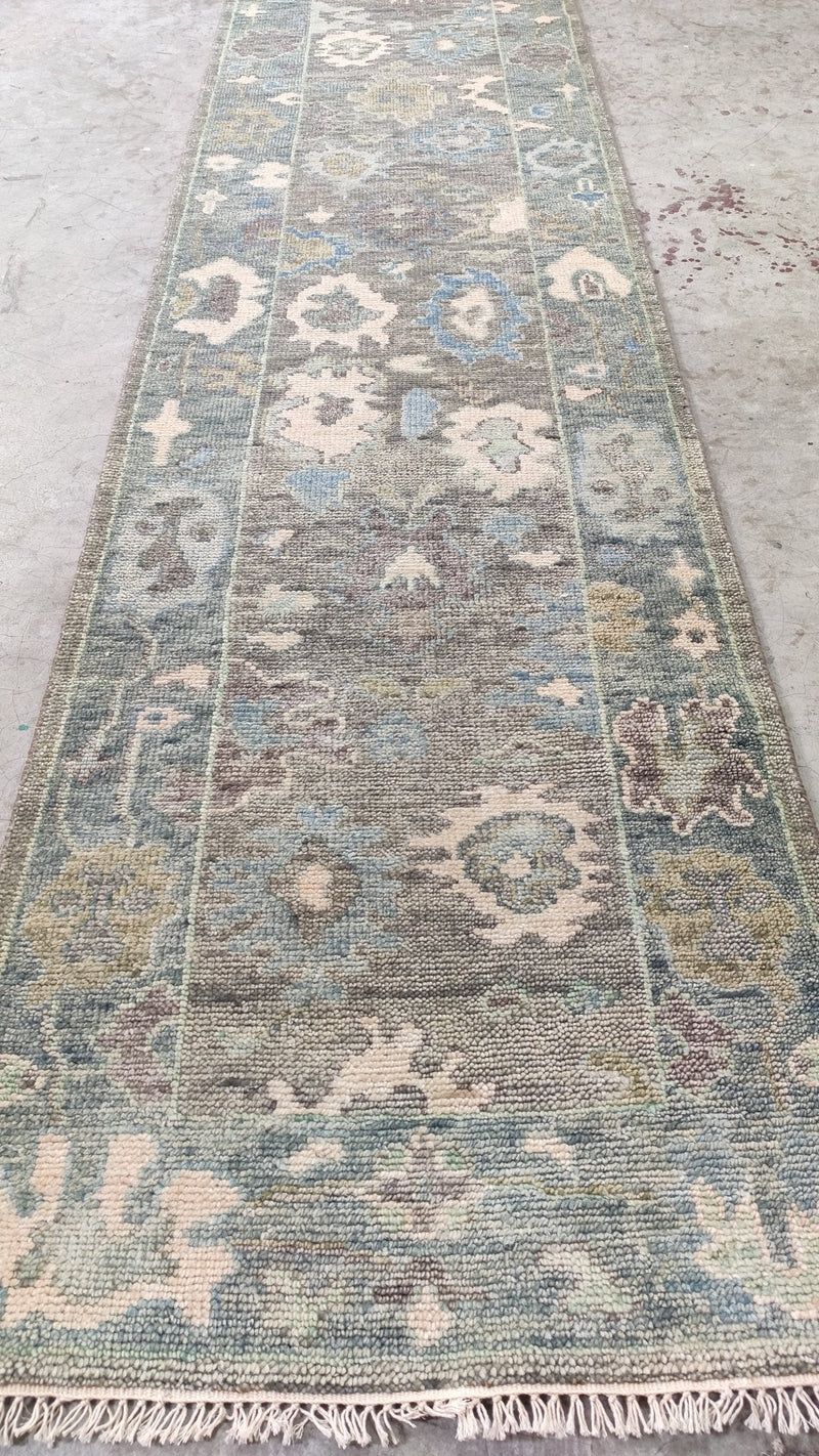 Ausha 2.6x14 Brownish Grey Hand-Knotted Oushak Runner | Banana Manor Rug Company