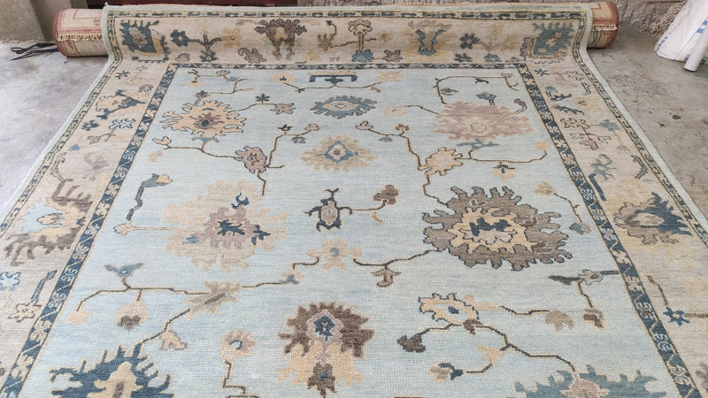 Avril 8x10 Aqua Blue and Sand Hand-Knotted Oushak Rug | Banana Manor Rug Company