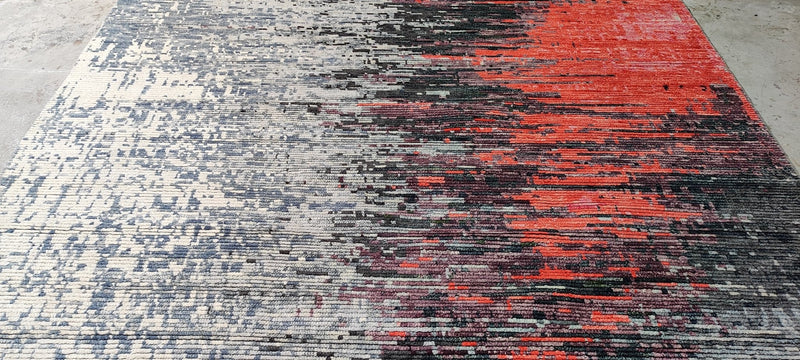 Aylar Lie 8x10.3 Grey and Red Hand-Knotted Abstract Rug | Banana Manor Rug Company