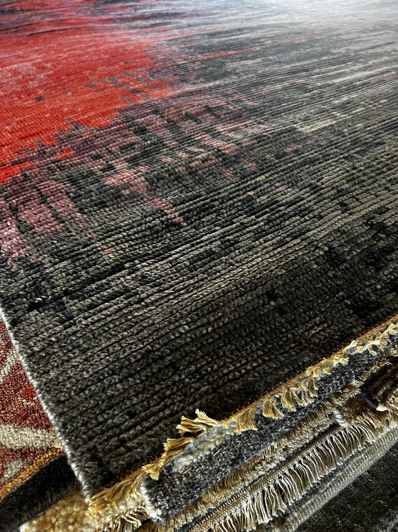 Aylar Lie 8x10.3 Grey and Red Hand-Knotted Abstract Rug | Banana Manor Rug Company