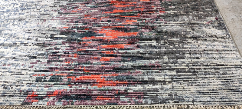 Aylar Lie 8x10.3 Grey and Red Hand-Knotted Abstract Rug | Banana Manor Rug Company