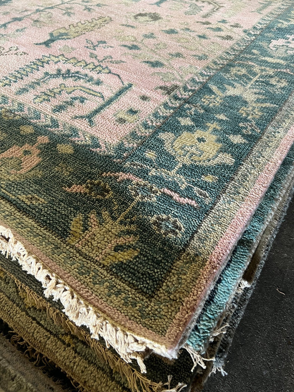 Babette 8x10 Pink and Green Hand-Knotted Oushak Rug | Banana Manor Rug Company