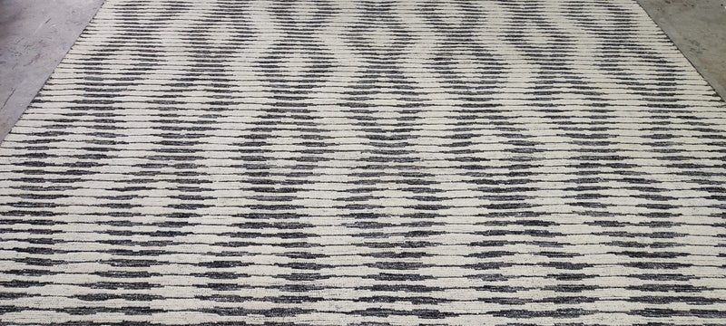 Bacilos Hand-Knotted Modern Rug Ivory and Grey High-Low 9.3x11.9 | Banana Manor Rug Company