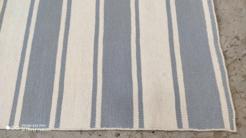 Baja Handwoven Blue and White Striped Wool Durrie Rug 5.6x8 | Banana Manor Rug Company