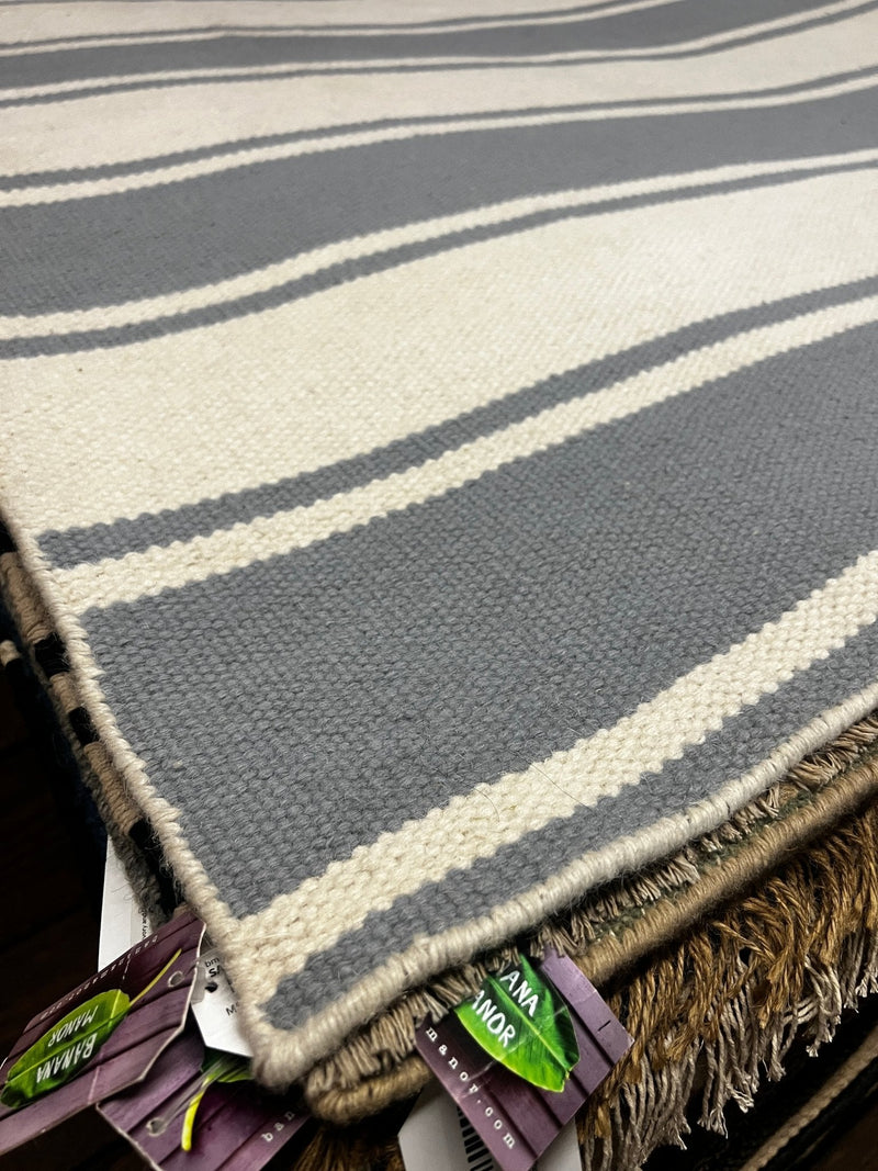 Baja Handwoven Blue and White Striped Wool Durrie Rug 5.6x8 | Banana Manor Rug Company