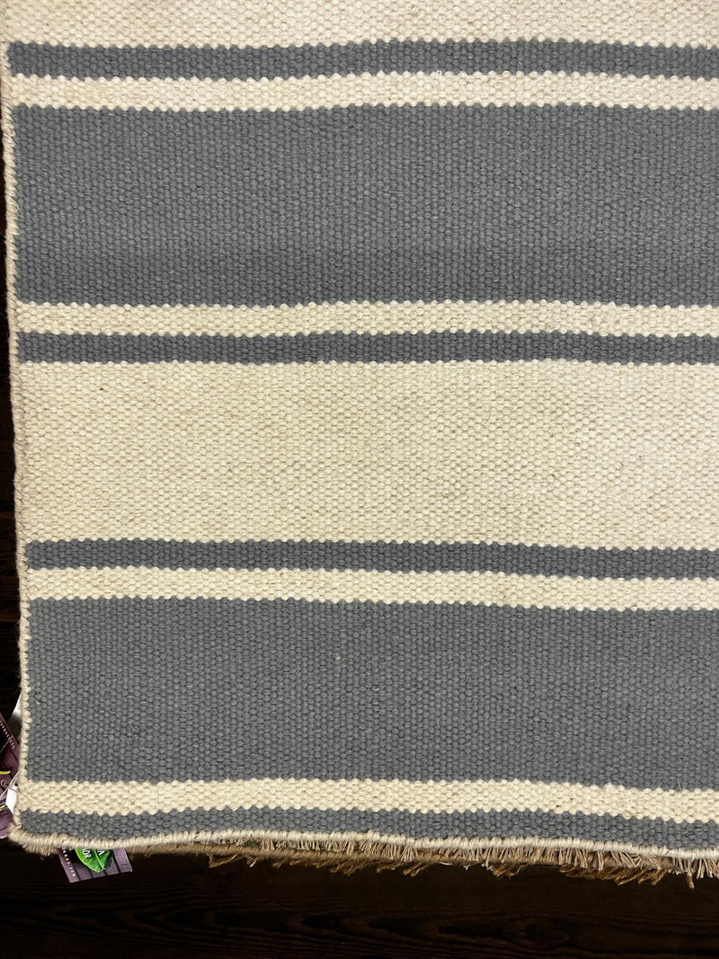 Baja Handwoven Blue and White Striped Wool Durrie Rug 5.6x8 | Banana Manor Rug Company