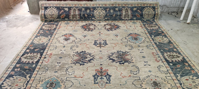 Barbara Allen de Kwiatkowski 9x11.9 Tan and Grey Hand-Knotted Oushak Rug | Banana Manor Rug Company