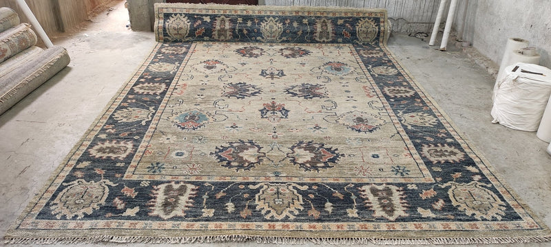 Barbara Allen de Kwiatkowski 9x11.9 Tan and Grey Hand-Knotted Oushak Rug | Banana Manor Rug Company