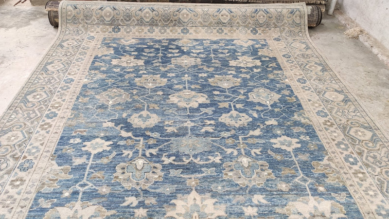 Barbara Payton 9x12 Blue and Beige Hand-Knotted Oushak Rug | Banana Manor Rug Company