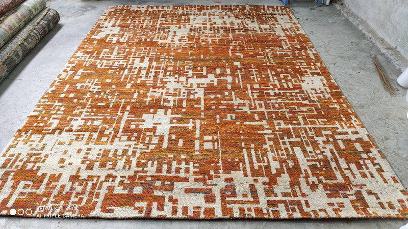 Barrera 9x12 Hand-Knotted Orange and Ivory Modern Rug | Banana Manor Rug Company