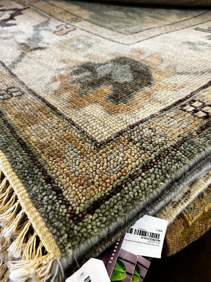 Beata Heuman 9.9x14 Light Green and Tan Hand-Knotted Oushak Rug | Banana Manor Rug Factory Outlet