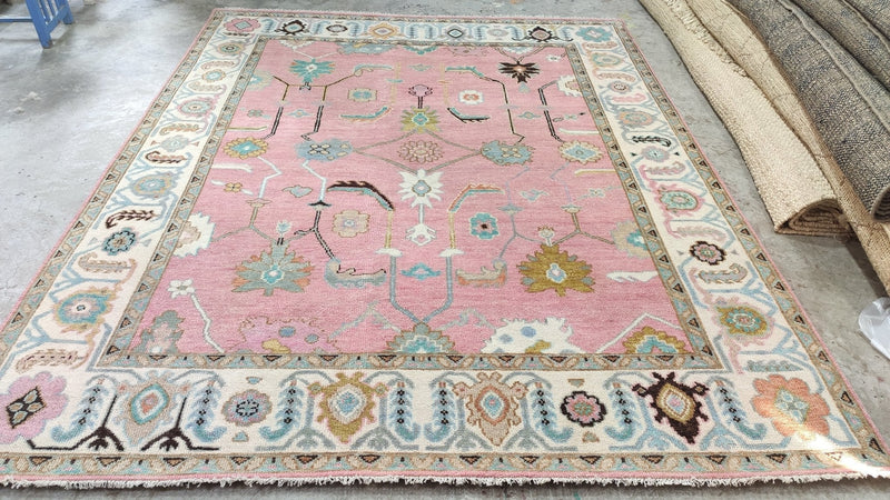 Beatrice 8x10 Pink and Ivory Hand-Knotted Oushak Rug | Banana Manor Rug Company