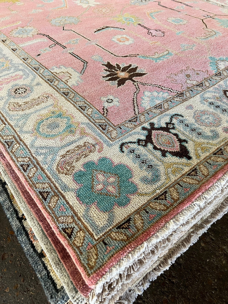 Beatrice 8x10 Pink and Ivory Hand-Knotted Oushak Rug | Banana Manor Rug Company