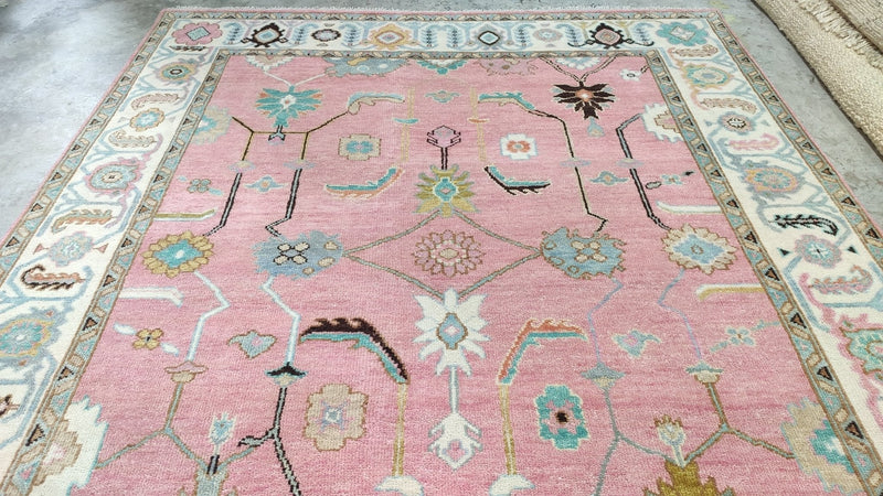 Beatrice 8x10 Pink and Ivory Hand-Knotted Oushak Rug | Banana Manor Rug Company