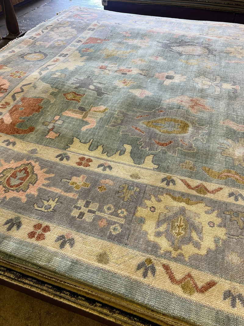 Belle 10x13.9 Aqua Blue Hand-Knotted Oushak Rug | Banana Manor Rug Factory Outlet