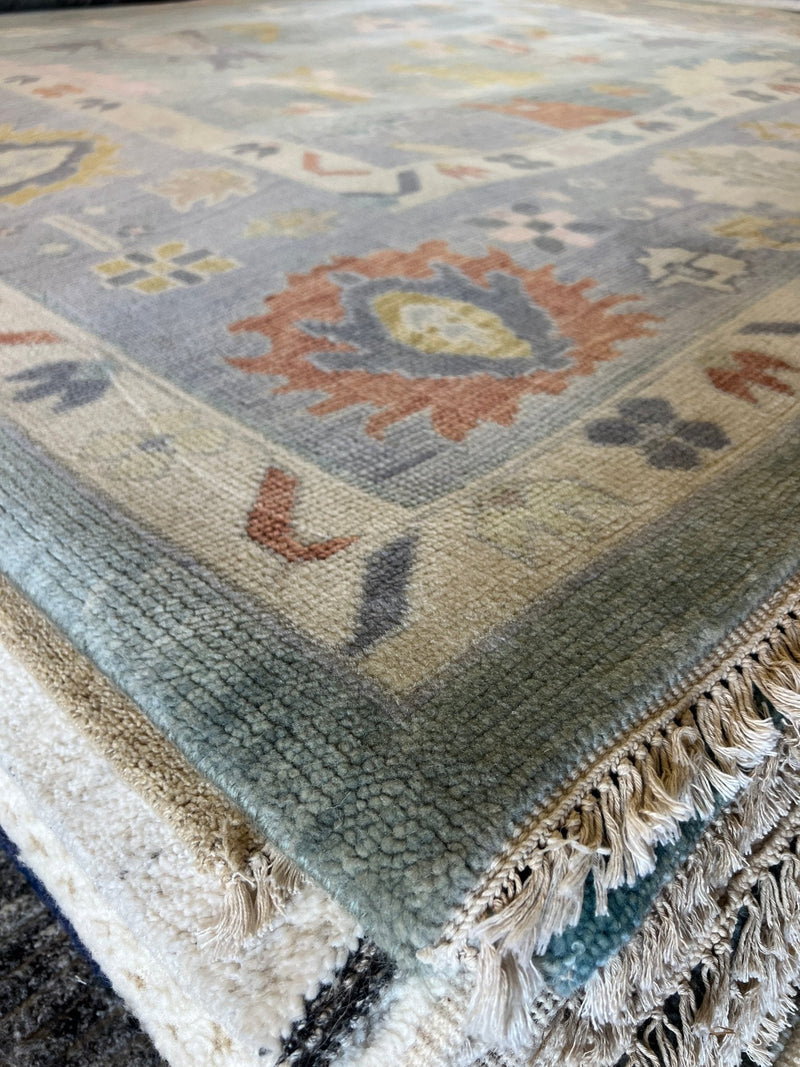 Belle 10x13.9 Aqua Blue Hand-Knotted Oushak Rug | Banana Manor Rug Factory Outlet