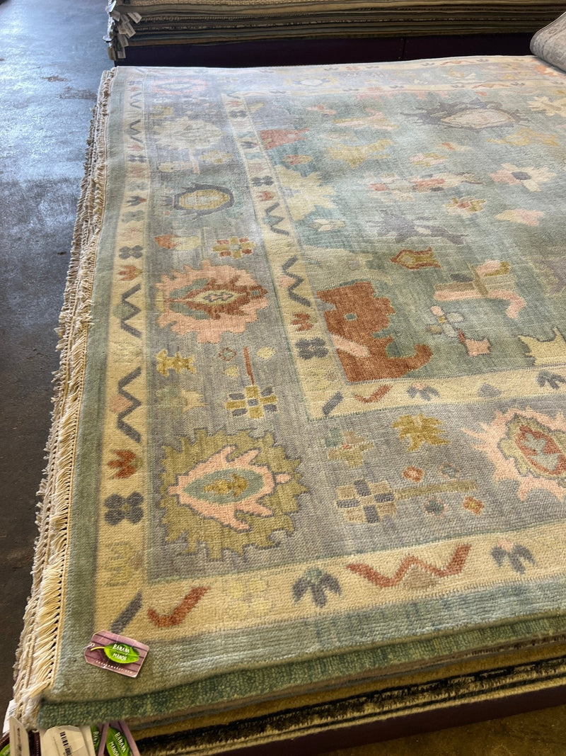 Belle 10x13.9 Aqua Blue Hand-Knotted Oushak Rug | Banana Manor Rug Factory Outlet