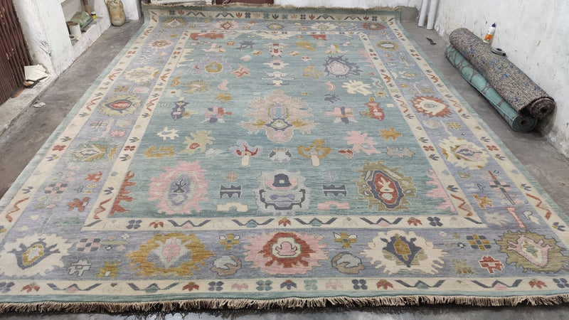 Belle 10x13.9 Aqua Blue Hand-Knotted Oushak Rug | Banana Manor Rug Company