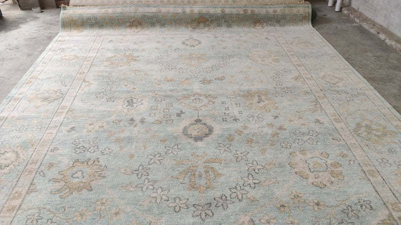 Betty Ross 9x11.9 Aqua and Grey Hand-Knotted Oushak Rug | Banana Manor Rug Company