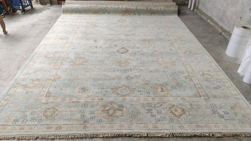 Betty Ross 9x11.9 Aqua and Grey Hand-Knotted Oushak Rug | Banana Manor Rug Company