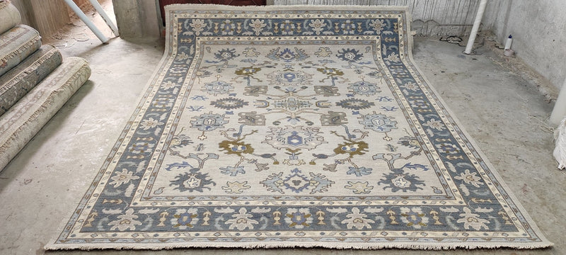 Betty Sherrill Light Grey and Blue Hand-Knotted Oushak Rug 8.3x10 | Banana Manor Rug Company