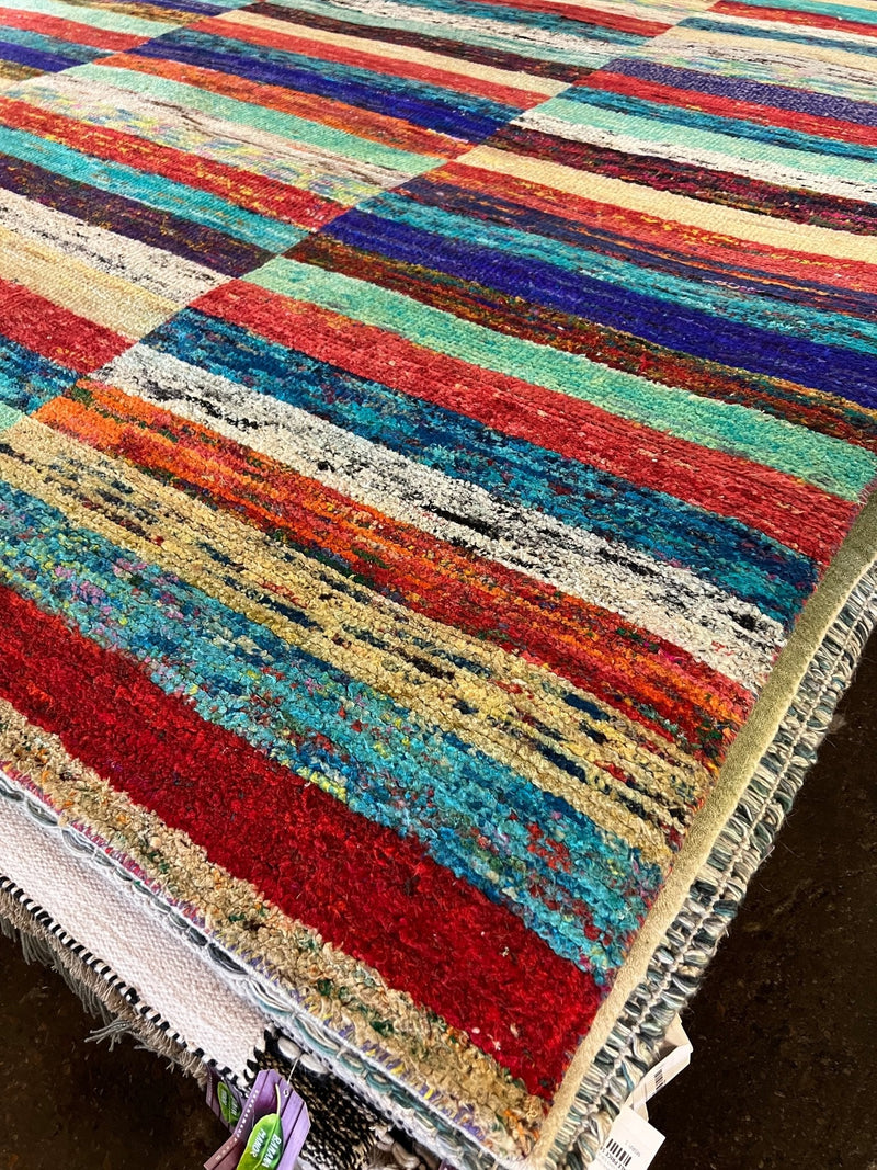 Billie 8x9.9 Hand-Knotted Sari Silk Striped Rug | Banana Manor Rug Company