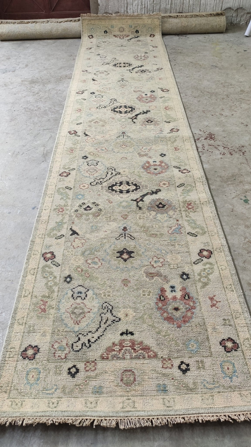 Blossom 3x14 Tan Hand-Knotted Oushak Runner | Banana Manor Rug Company