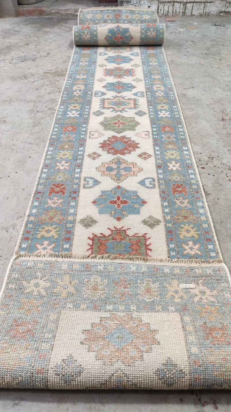 Bridget 2.9x17.9 Ivory and Light Blue Hand-Knotted Oushak Rug | Banana Manor Rug Company