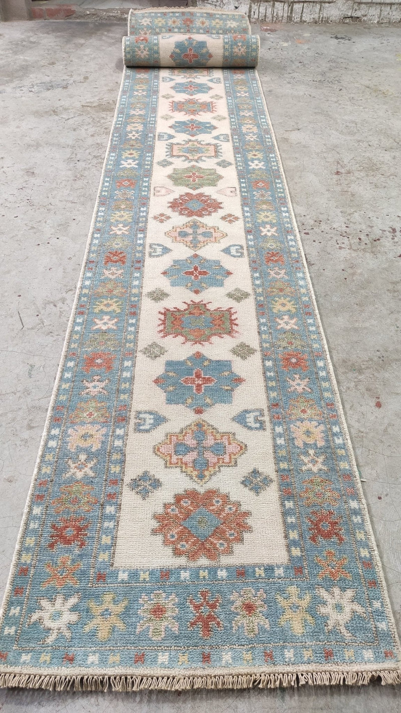 Bridget 2.9x17.9 Ivory and Light Blue Hand-Knotted Oushak Rug | Banana Manor Rug Company