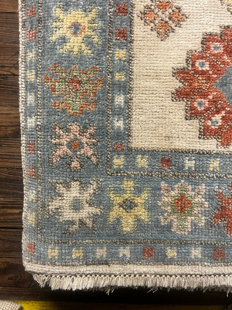 Bridget 2.9x17.9 Ivory and Light Blue Hand-Knotted Oushak Rug | Banana Manor Rug Factory Outlet