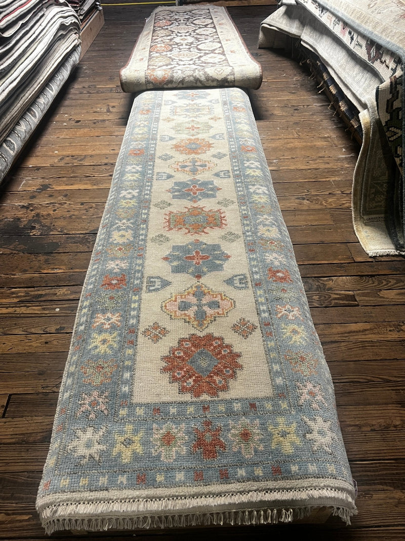 Bridget 2.9x17.9 Ivory and Light Blue Hand-Knotted Oushak Rug | Banana Manor Rug Factory Outlet