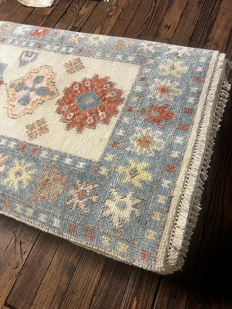 Bridget 2.9x17.9 Ivory and Light Blue Hand-Knotted Oushak Rug | Banana Manor Rug Factory Outlet