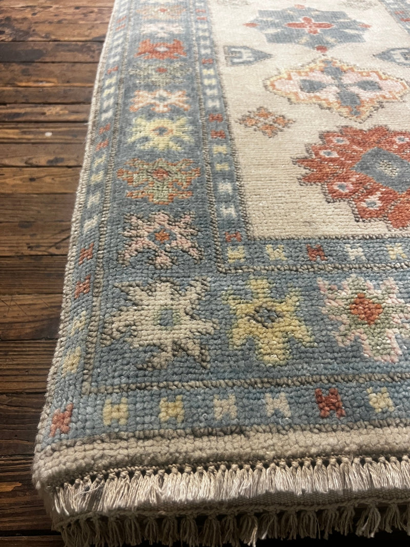 Bridget 2.9x17.9 Ivory and Light Blue Hand-Knotted Oushak Rug | Banana Manor Rug Factory Outlet