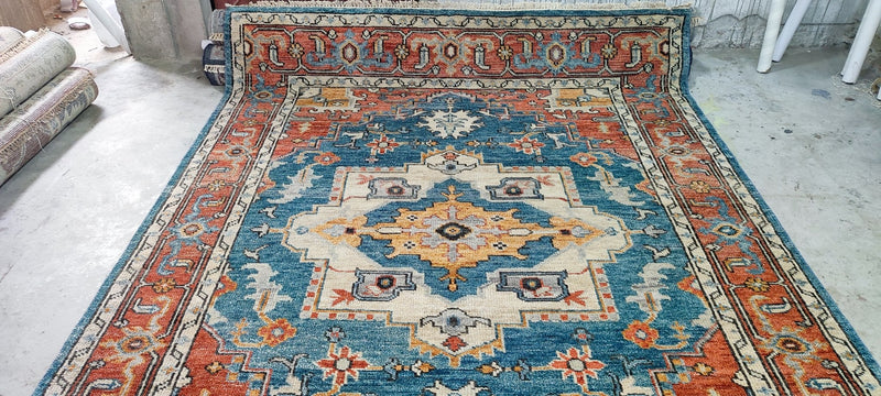 Brigette Romanek Blue and Rust Hand-Knotted Oriental Rug 7.6x10 | Banana Manor Rug Company