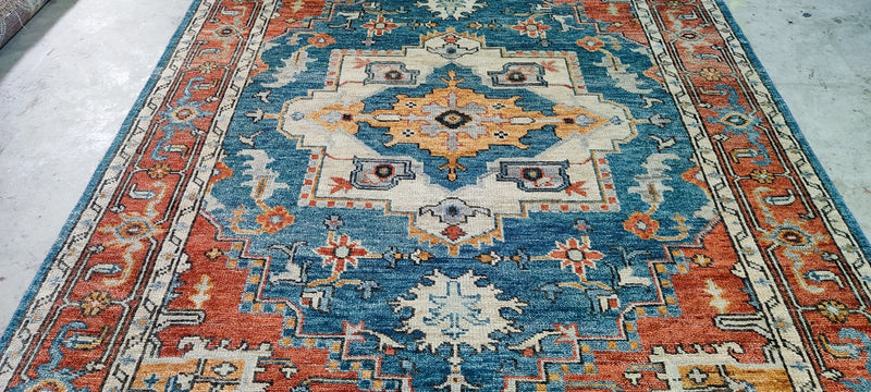 Brigette Romanek Blue and Rust Hand-Knotted Oriental Rug 7.6x10 | Banana Manor Rug Company